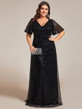 Plus Size V-Neck Sequin Short Sleeves Evening Dress